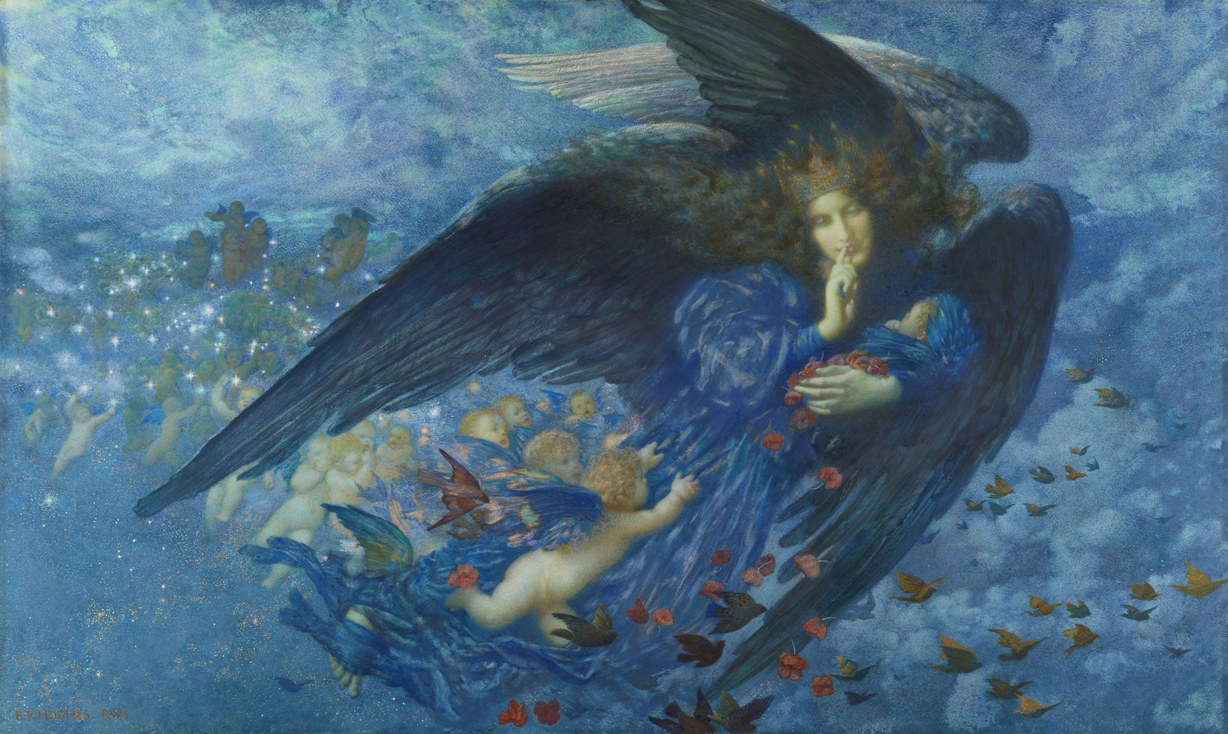 Night with her Train of Stars, 1912
The painting's title is derived from W. E Henley's (1849-1903) poem 'Margaritae Sorori' (Translates as 'Sister Margaret')
Artist: E.R.Hughes (Edward Robert Hughes)