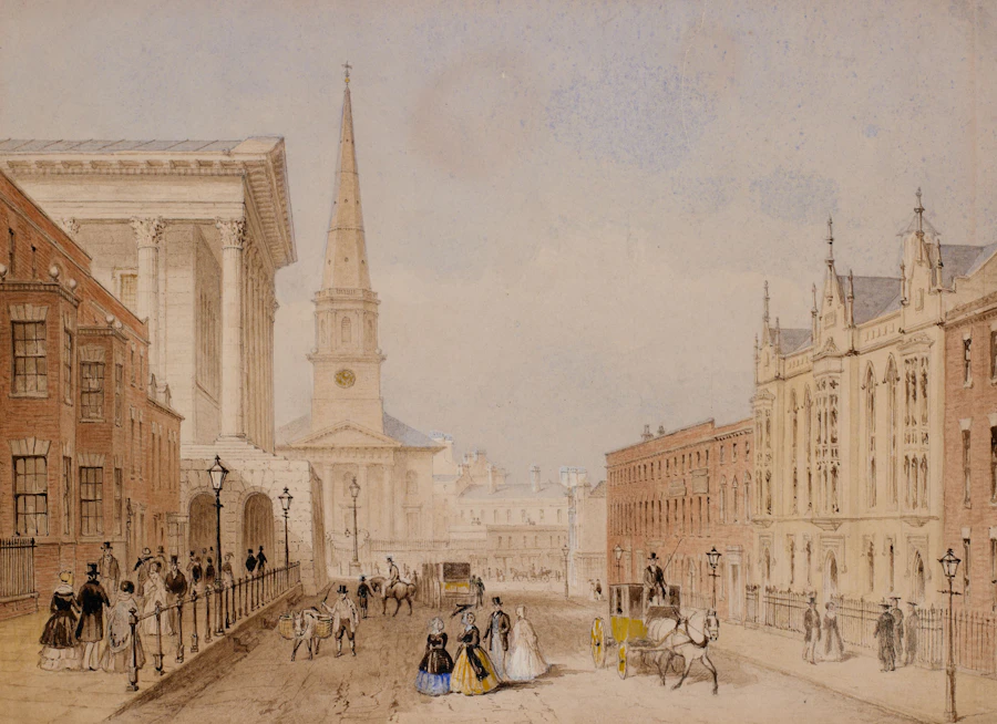 Paradise Street Towards Christ Church, Birmingham, watercolour by Charles Rudd, c. 1840–1845