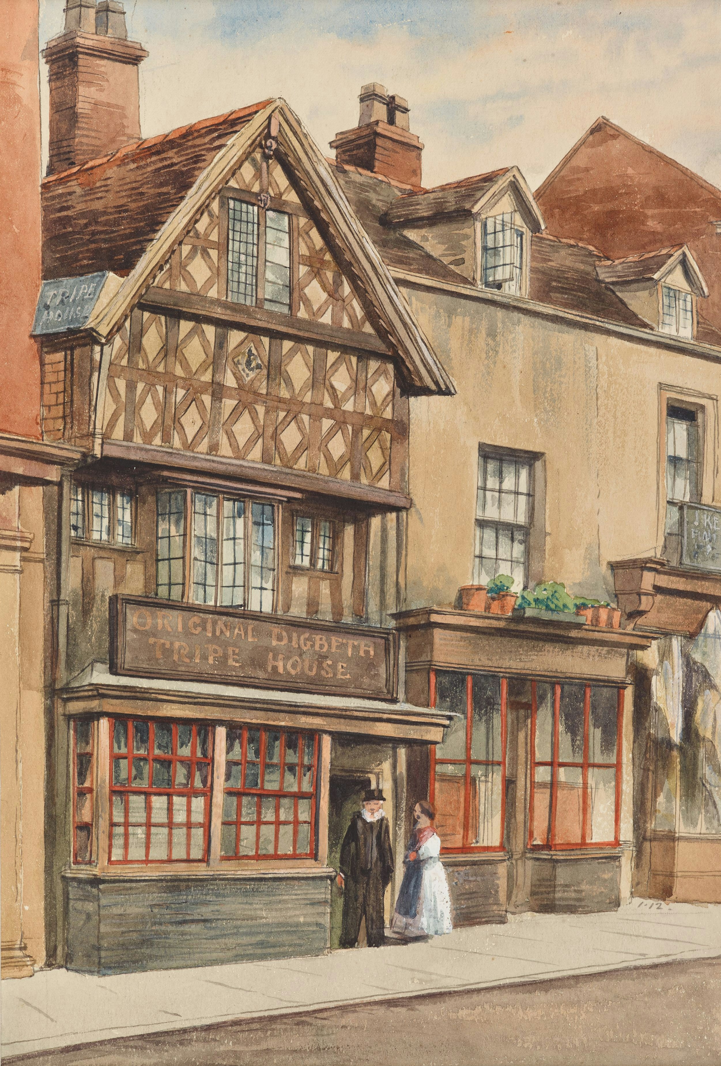 Original Digbeth Tripe House, Birmingham. By Allen Edward Everitt (1824-1882) * View of Well Street, Digbeth, Birmingham