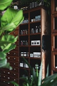 A wooden storage cabinet filled with a variety of jars, boxes, and containers arranged on shelves. Plants with large green leaves are placed in front and around the cabinet, adding to the natural and rustic feel.