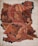 A detailed illustration featuring overlapping, intricately designed leaves. The leaves are primarily in warm shades of brown and red, with green accents creating a rich, autumnal palette. The background is a light, aged paper with faint pencil sketches and guidelines visible.