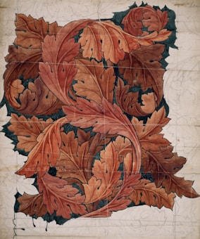 A detailed illustration featuring overlapping, intricately designed leaves. The leaves are primarily in warm shades of brown and red, with green accents creating a rich, autumnal palette. The background is a light, aged paper with faint pencil sketches and guidelines visible.