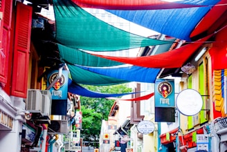 A vibrant street scene in Tamil Nadu with colorful local shop signs in Tamil script.