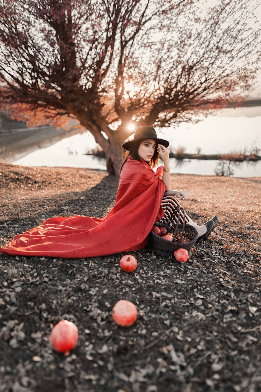woman sitting beside basket of apples and apples on ground
