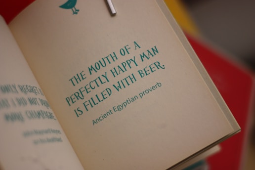 An open book displaying a page with a quote reading 'The mouth of a perfectly happy man is filled with beer' attributed to an Ancient Egyptian proverb. The text is printed in teal on an off-white page, with other text slightly visible on the left. A bird graphic in the top right corner adds a decorative element.