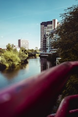 Natural river flowing near an industrial area, symbolizing ecosystem care.