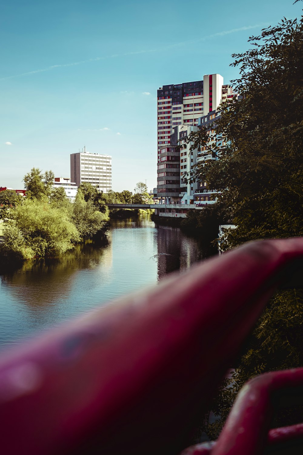 bridge, buildings, and trees during day