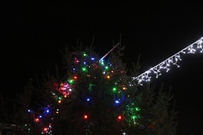 A Christmas tree adorned with colorful string lights, including red, green, blue, and white bulbs. Nearby, a strand of white icicle lights hangs prominently against the dark night sky.