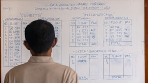 A person is standing in front of a whiteboard that shows flight information. The board is divided into tables presenting domestic and international flights with details such as flight numbers, arrival, and departure data. There are also sections for extra/unscheduled flights. The information is handwritten in blue ink, and the person is facing away from the camera.
