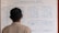 A person is standing in front of a whiteboard that shows flight information. The board is divided into tables presenting domestic and international flights with details such as flight numbers, arrival, and departure data. There are also sections for extra/unscheduled flights. The information is handwritten in blue ink, and the person is facing away from the camera.