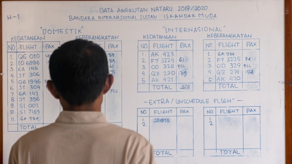 A person is standing in front of a whiteboard that shows flight information. The board is divided into tables presenting domestic and international flights with details such as flight numbers, arrival, and departure data. There are also sections for extra/unscheduled flights. The information is handwritten in blue ink, and the person is facing away from the camera.