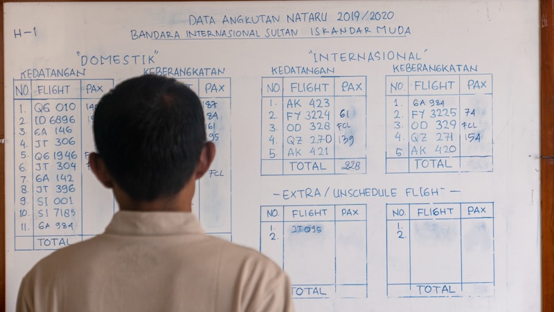 A person is standing in front of a whiteboard that shows flight information. The board is divided into tables presenting domestic and international flights with details such as flight numbers, arrival, and departure data. There are also sections for extra/unscheduled flights. The information is handwritten in blue ink, and the person is facing away from the camera.