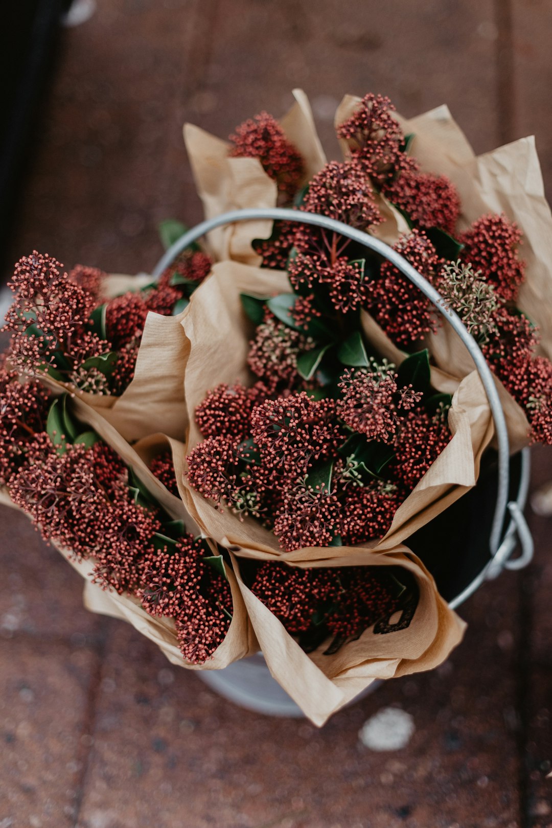 red flowers in bucket