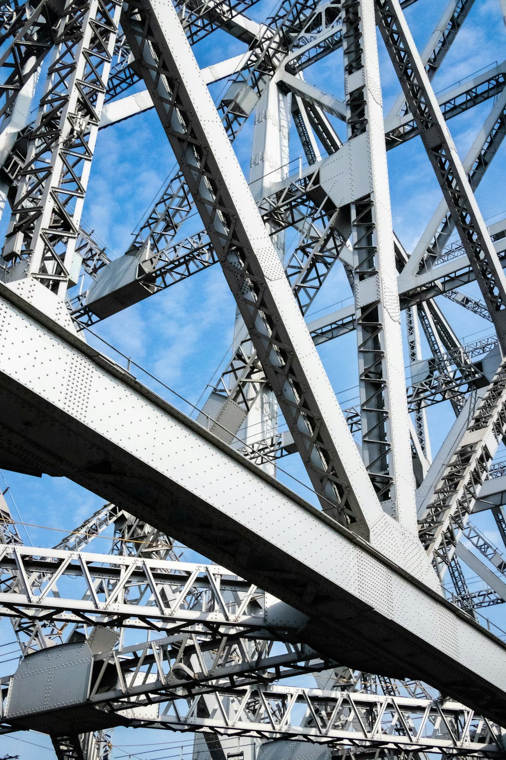 gray iron bridge under a calm blue sky