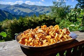 A metal tray filled with a large pile of chanterelle mushrooms is placed on a wooden surface. In the background, lush green trees and a clear blue sky overlook a scenic mountain range.