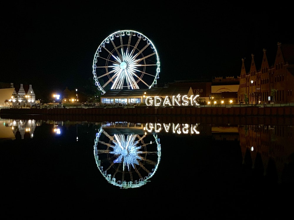 white Ferris wheel beside body of water