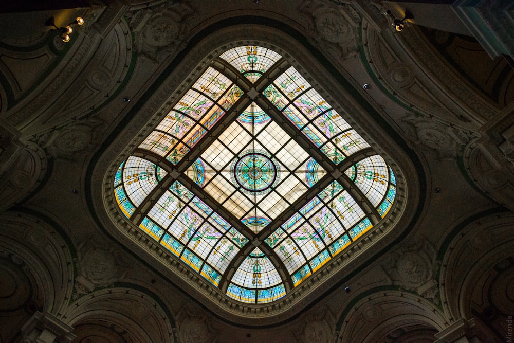 green, yellow, and blue stained glass roof