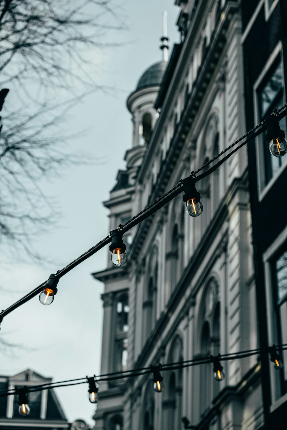 string lights near concrete building