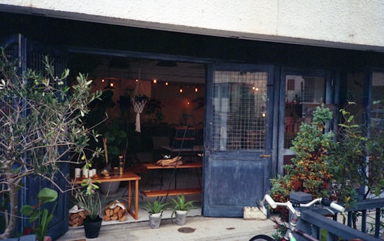 The image depicts a cozy storefront with large wooden doors, surrounded by a variety of potted plants. Inside, there are warm lights hanging from the ceiling and a neatly arranged interior with a small wooden table, some logs stored underneath, and a ladder visible. Outside, various greenery and a bicycle can be seen.