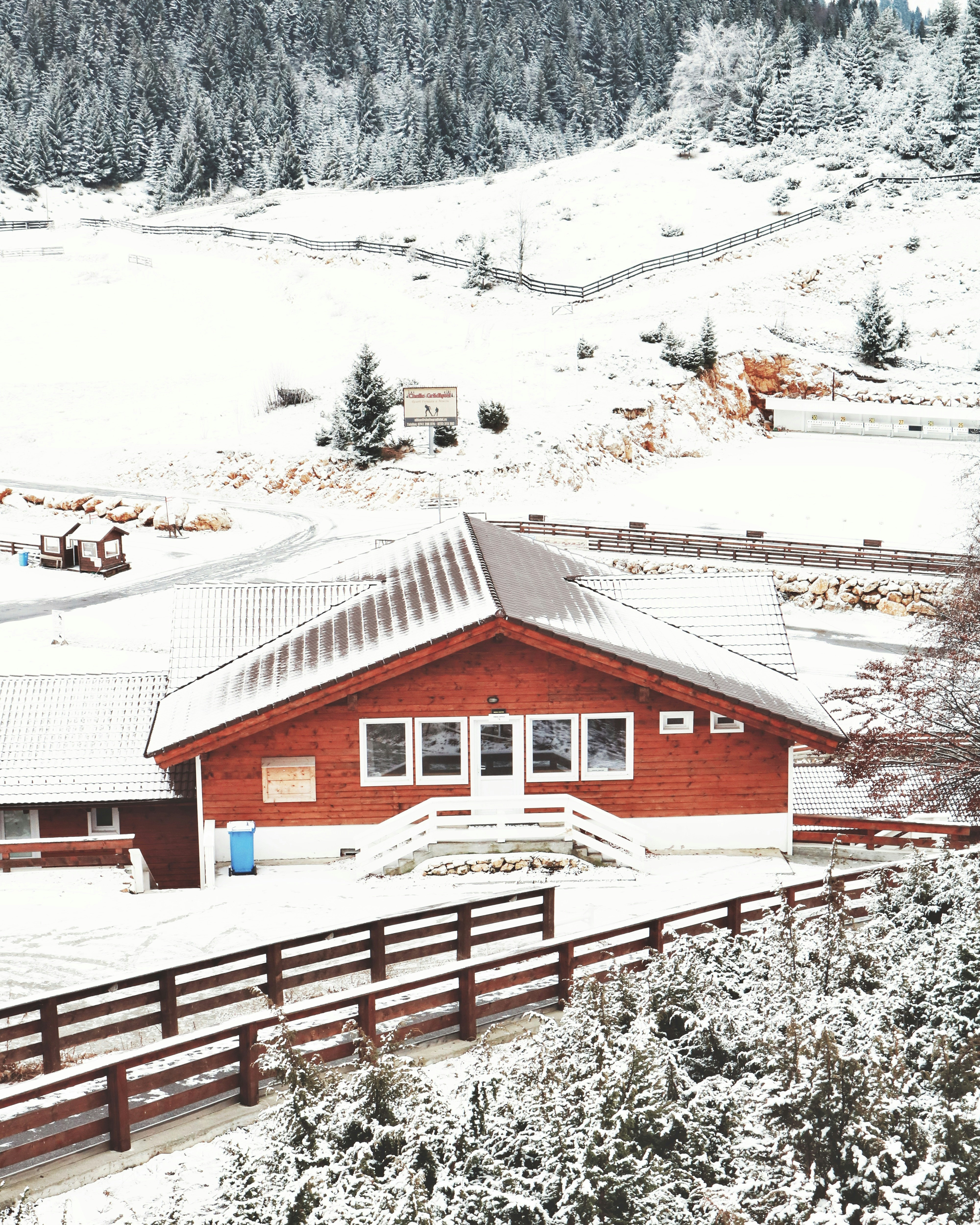 aerial view of snow covered house and pine trees