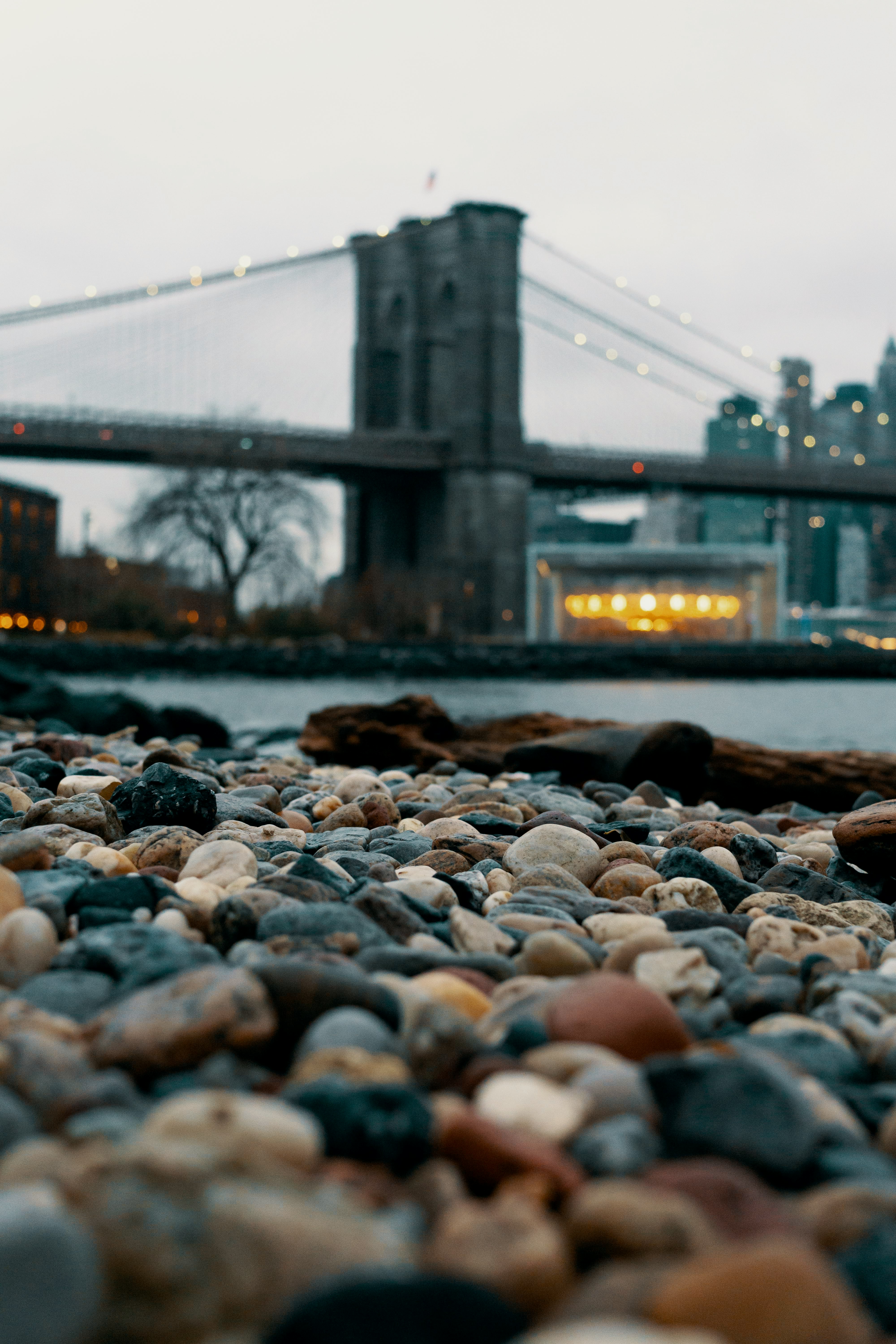 macro photography of stones near body of water viewing Brooklyn Bridge in New York City during daytime
