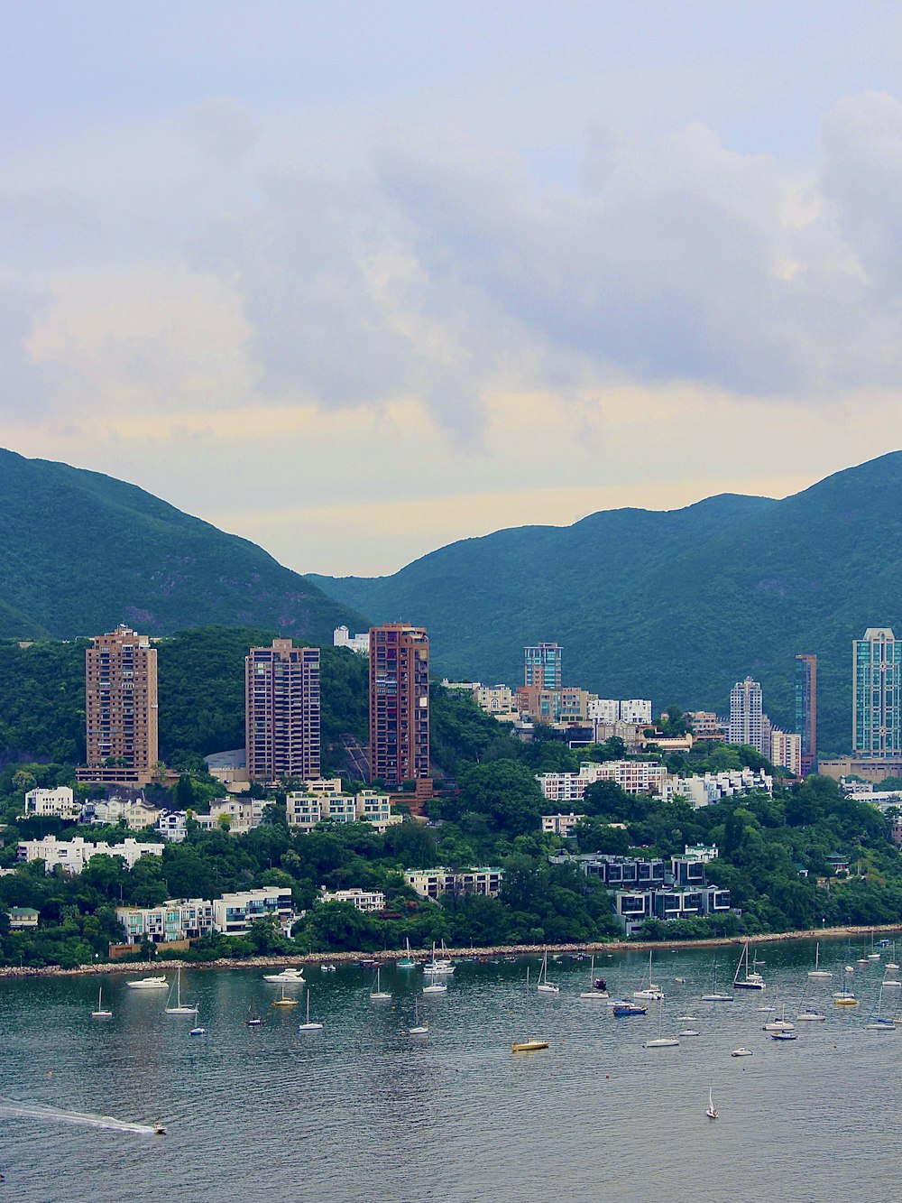 city with high-rise buildings and houses and different boats on body of water viewing mountain under white and blue sky