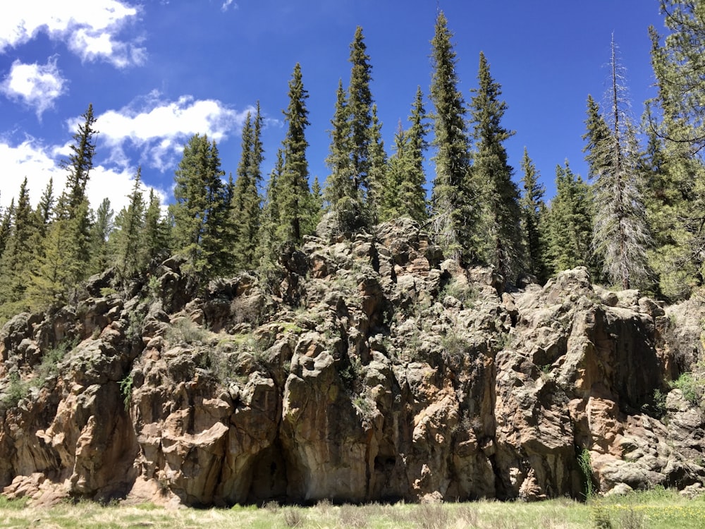 mountain cliff under white and blue sky