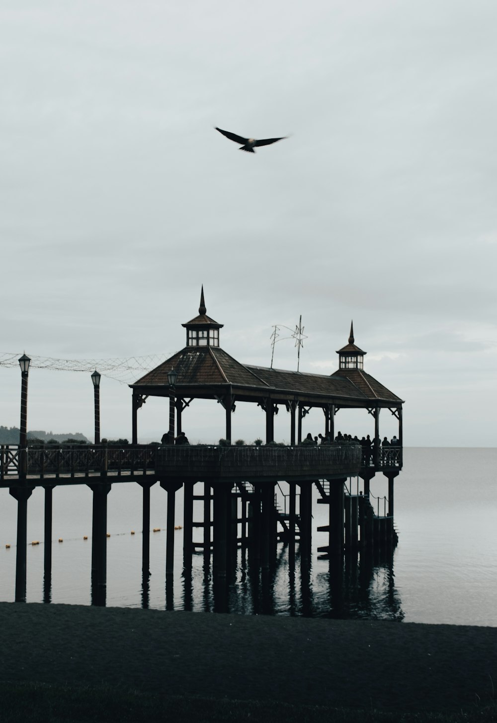 grayscale photography of beach gazebo and bird flying in the sky