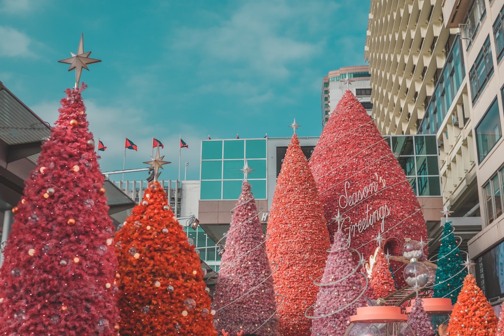 big red Christmas trees near white and blue high rise buildings under blue and white sky