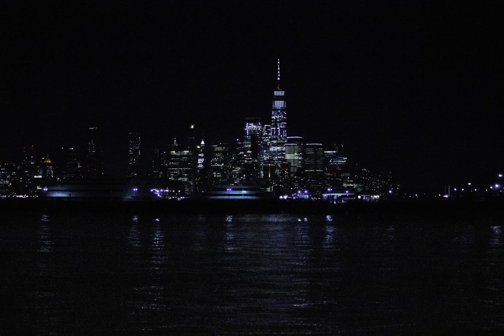 aerial photography of city with high-rise buildings near body of water during night time