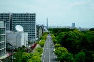 A cityscape featuring a series of high-rise buildings, with one prominently displaying a large satellite dish. An empty road lined with trees runs through the center, leading to a distant bridge in the background. Greenery, including trees and shrubs, is abundant, contrasting with the urban structures.