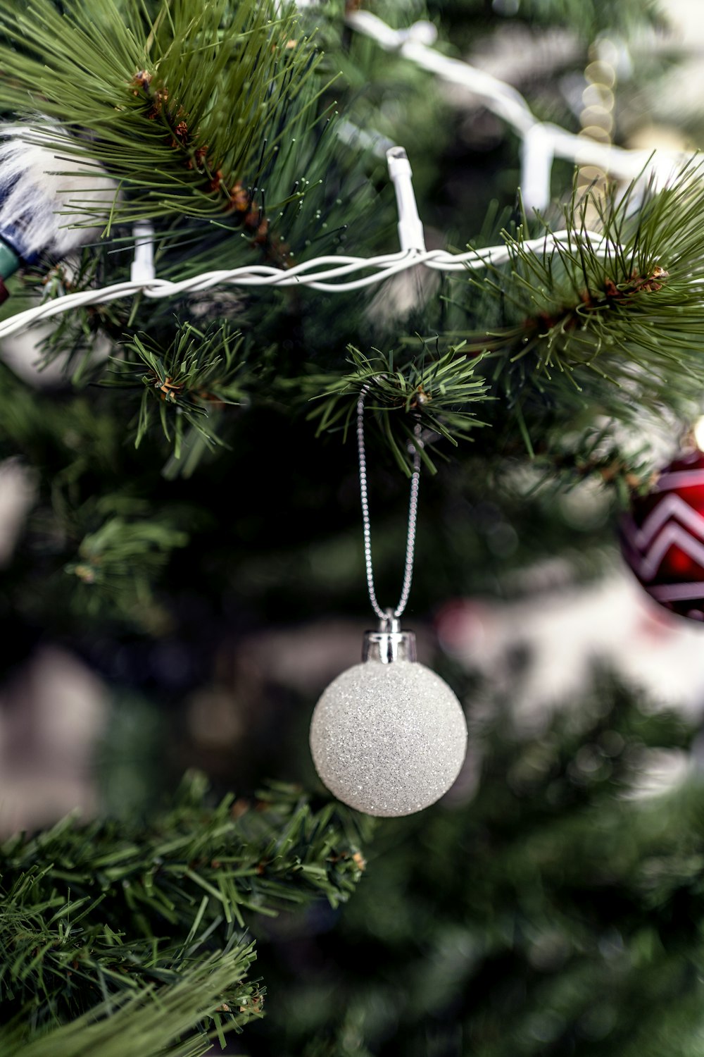macro photography of silver bauble on green Christmas tree