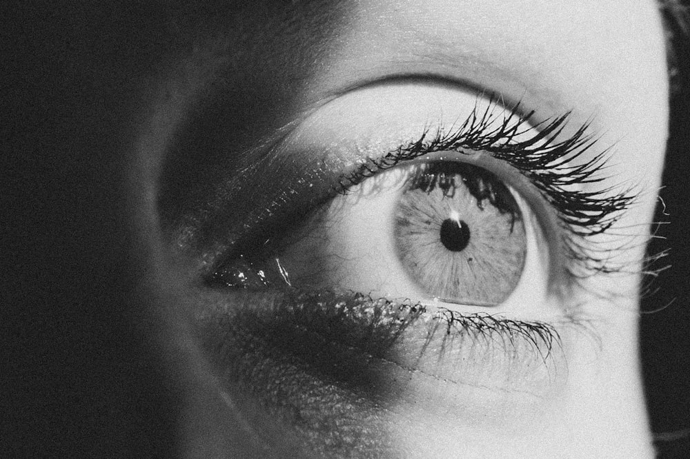 grayscale photography of persons eye