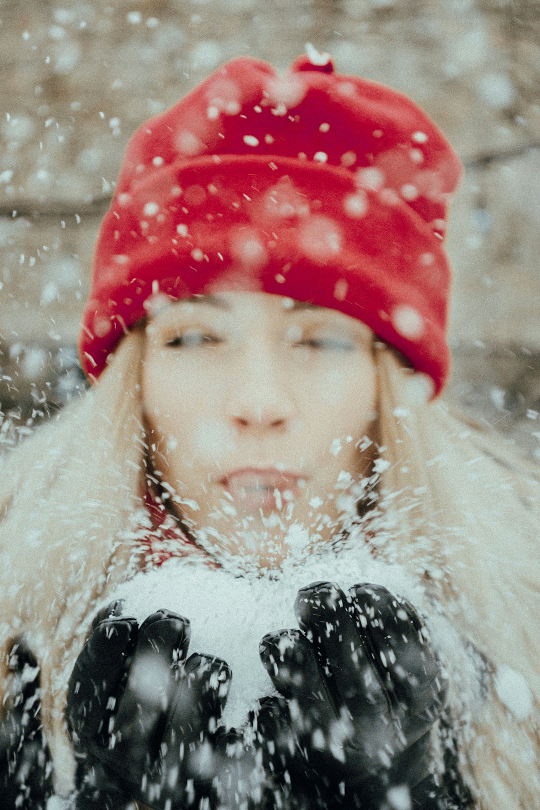 selective focus photography of person blowing snow on hand