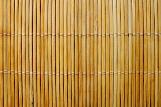 Close-up view of a bamboo mat consisting of uniformly spaced vertical bamboo sticks tied together with thin horizontal strands.
