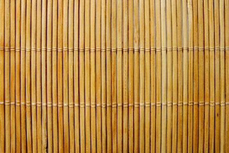 Close-up view of a bamboo mat consisting of uniformly spaced vertical bamboo sticks tied together with thin horizontal strands.