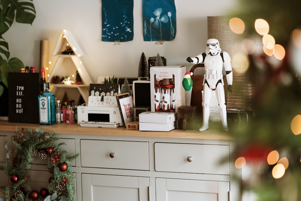 Storm Trooper action figure on white cabinet