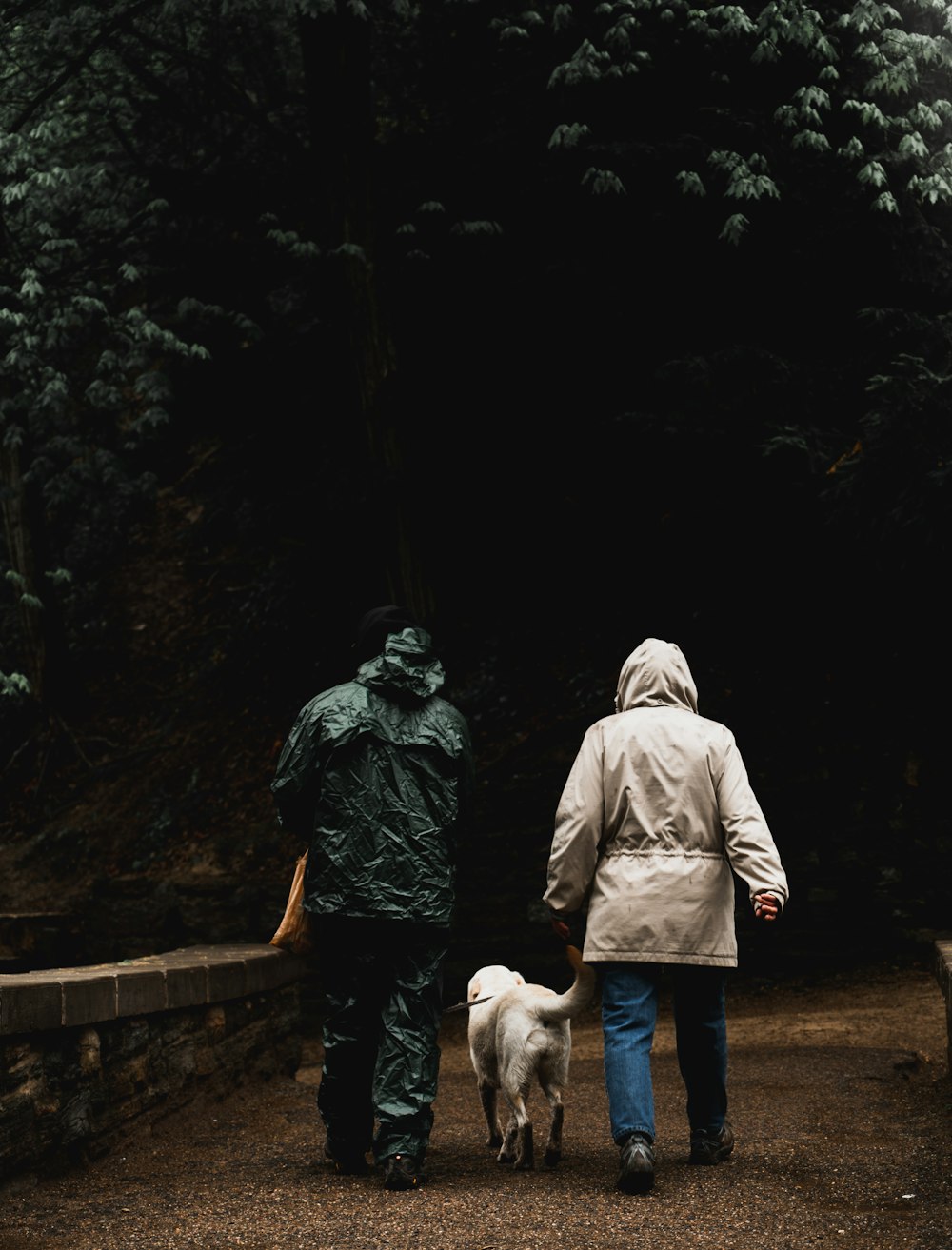 Mann und Frau gehen mit Hund spazieren