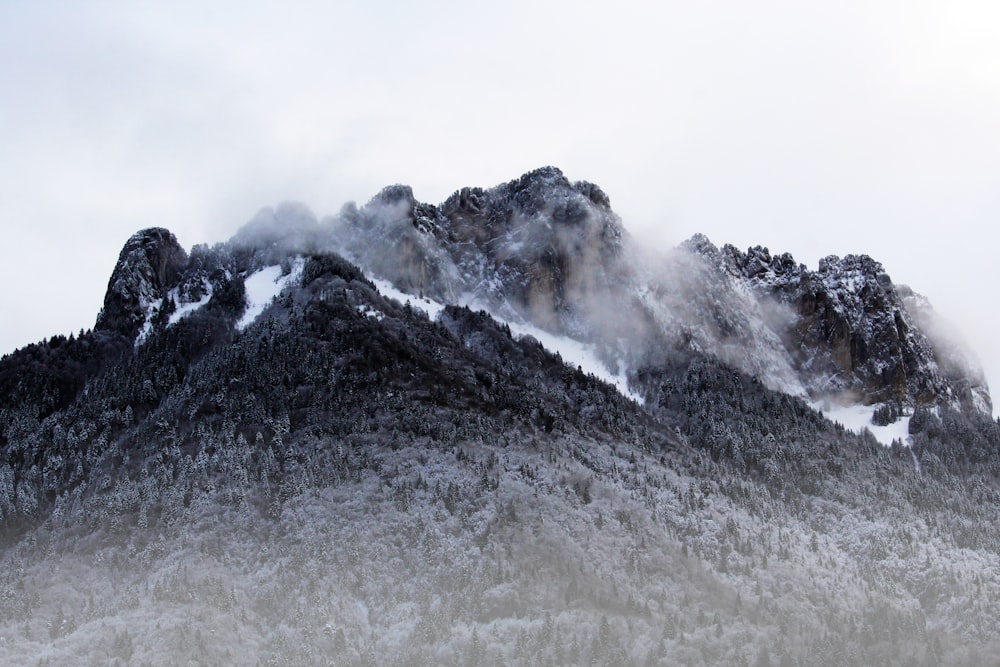 Fotografia aerea della montagna in un giorno nebbioso