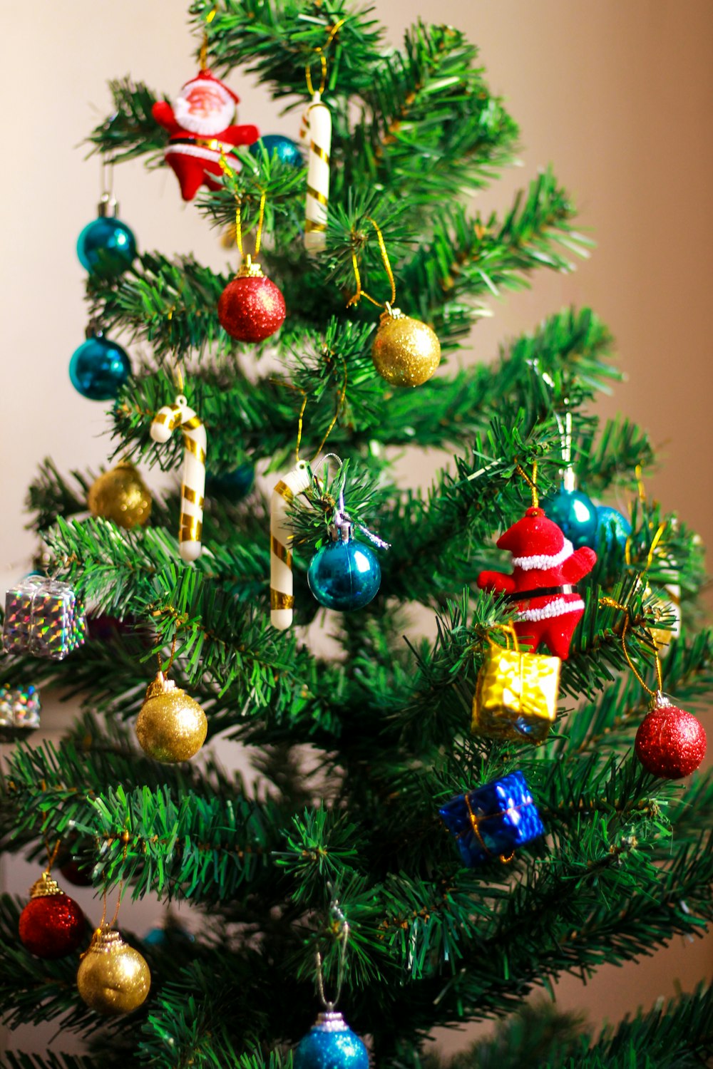 view of green Christmas tree with assorted-color decors