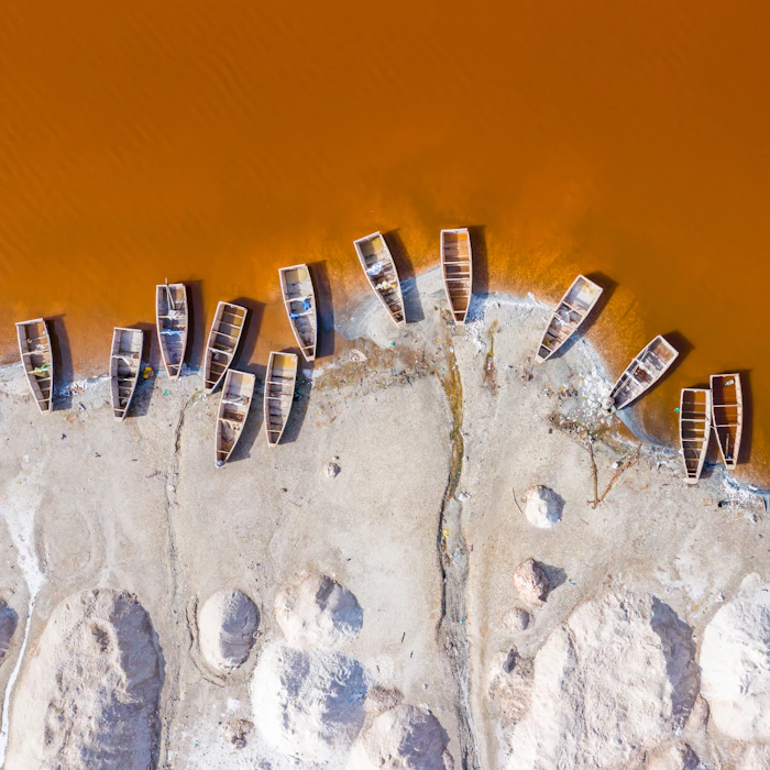 Aerial view of Lac Rose (Pink Lake) in Senegal, West Africa