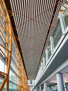 A modern architectural interior featuring a high ceiling with parallel wooden slats running lengthwise. The structure includes golden metal beams on the left supporting large glass windows, providing natural light. The right side showcases a glass railing on an upper level with white columns supporting the structure below.
