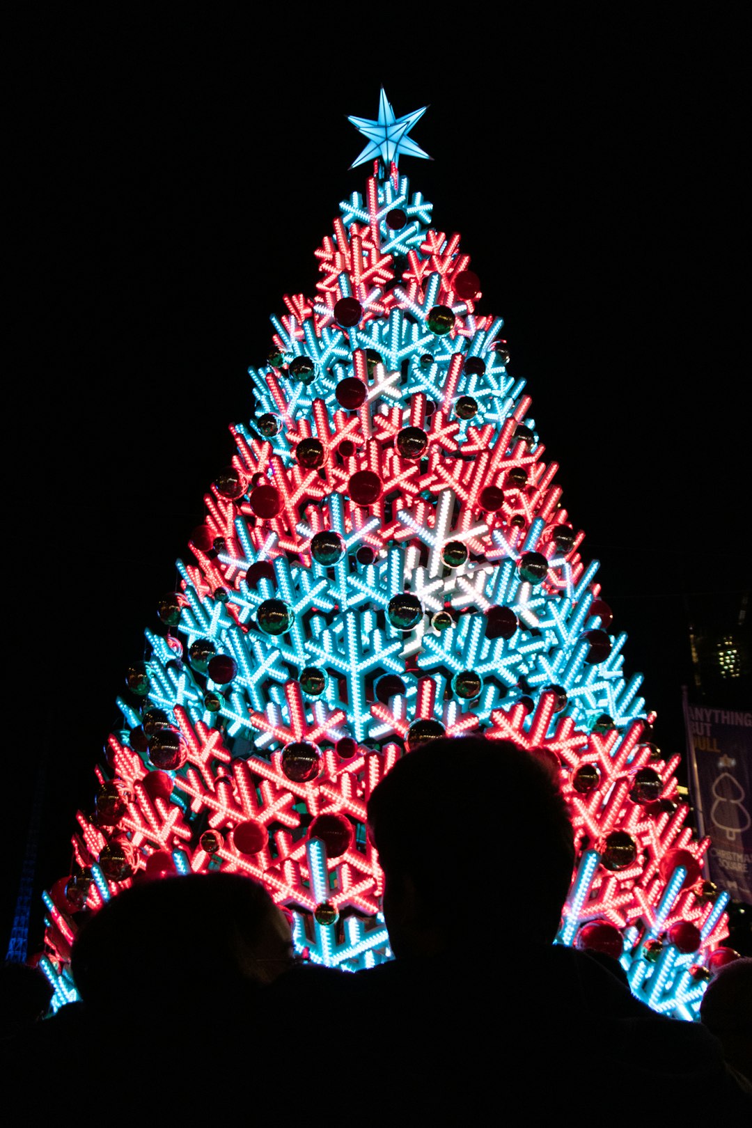 red and blue Christmas tree