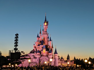 A delicate pink and gold princess castle with sparkling lights at dusk.