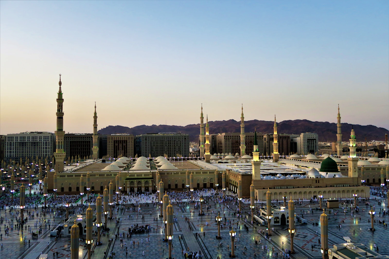 Aerial view of Masjid an-Nabawi at dusk, Madinah