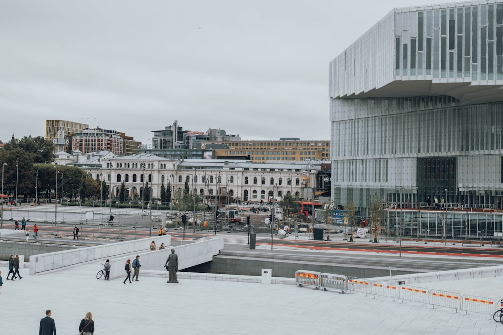 people walking outside building