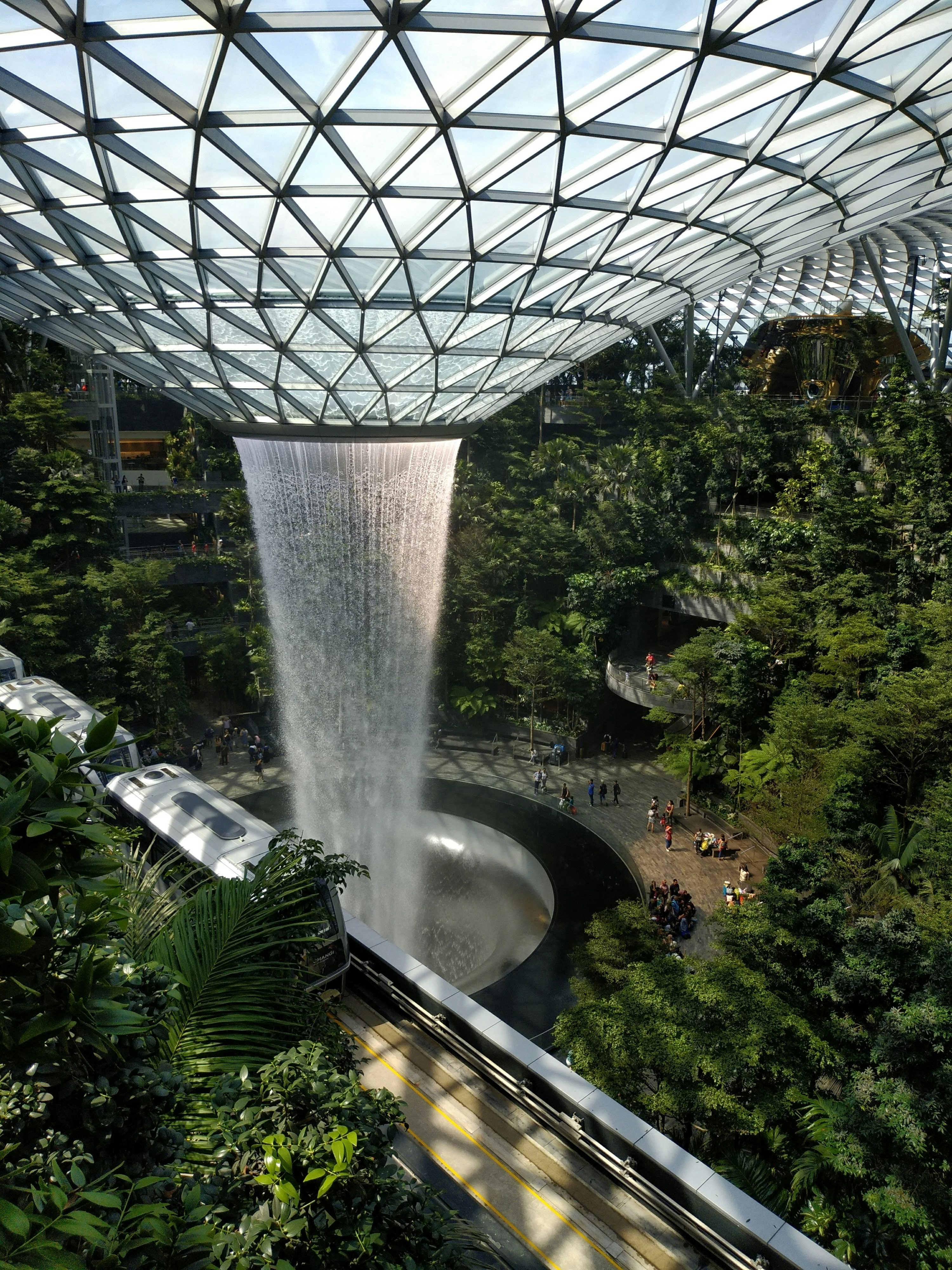 Singapore Changi Airport interior with waterfall