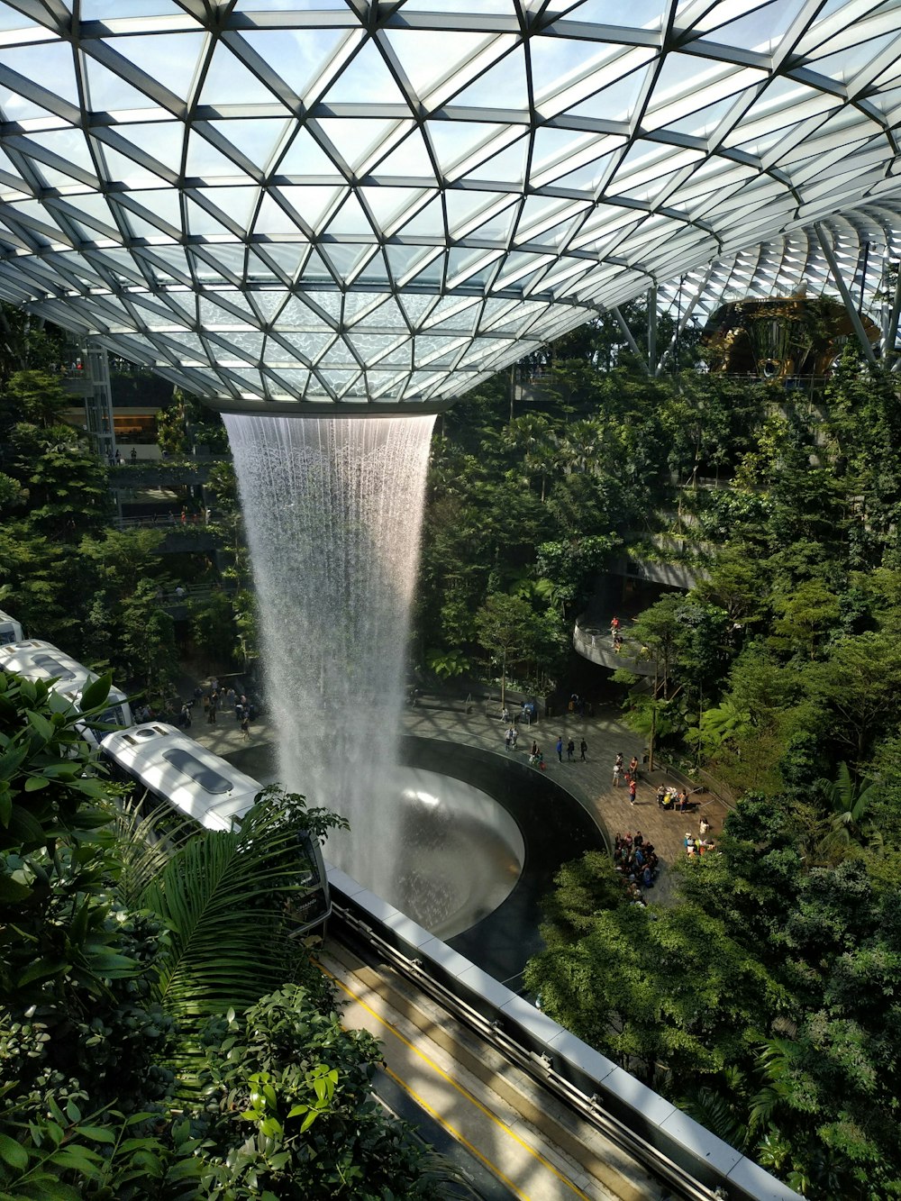 indoor waterfalls surrounded by plants