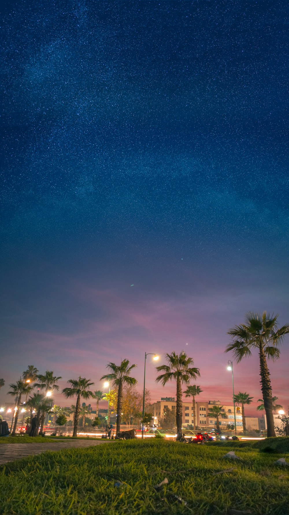 vehicles on green field near trees viewing buildings and hotels under blue and orange sky during night time