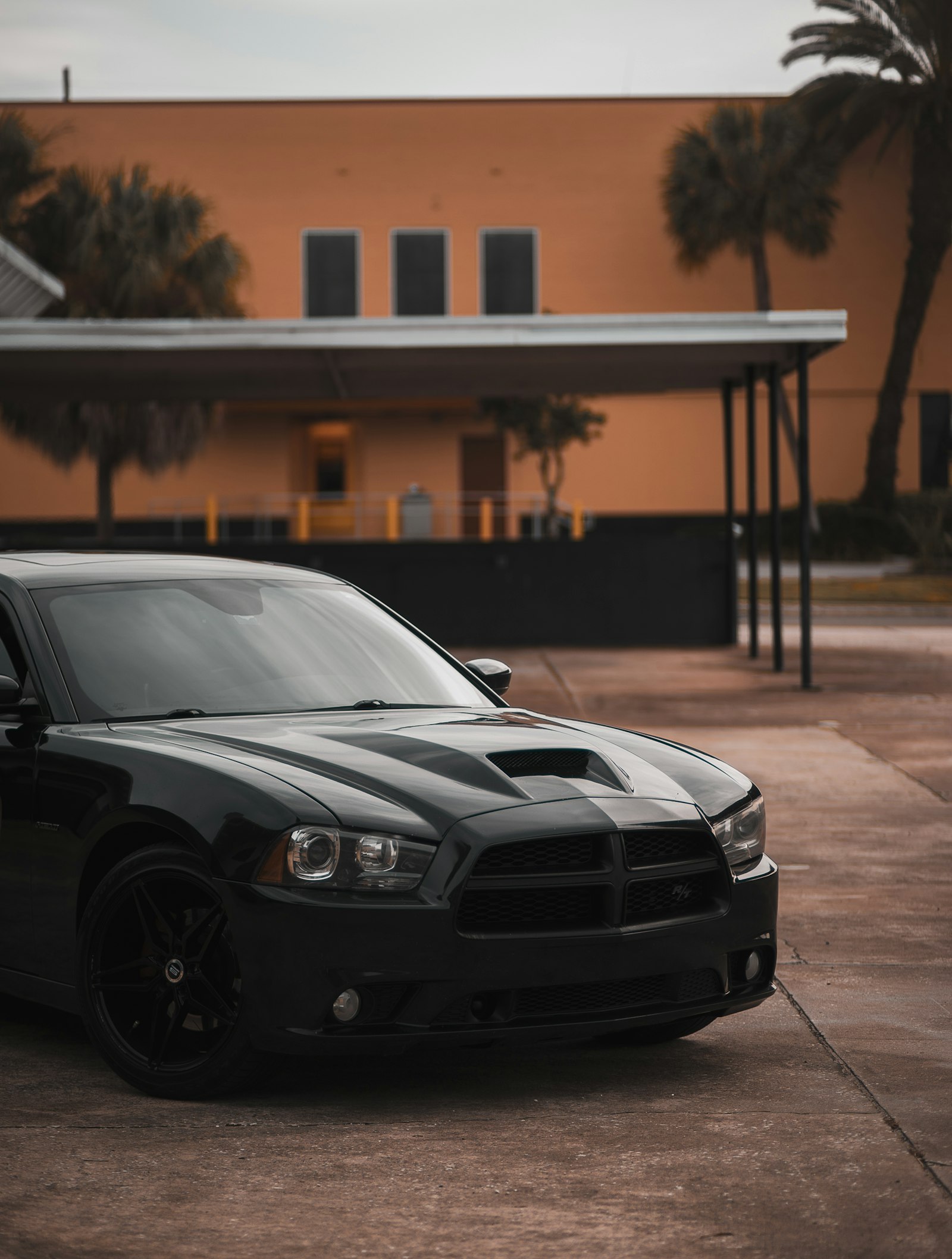 Sony a7 + Sony FE 85mm F1.8 sample photo. Black dodge charger parked photography